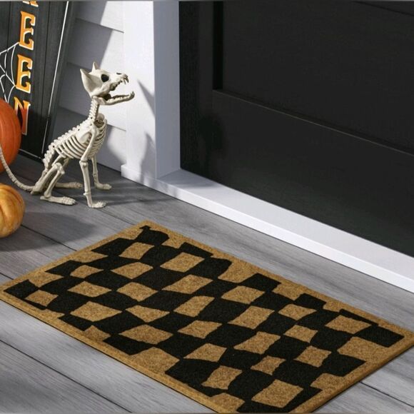 1'6"x2'6" Halloween Checkered Faux Coir Doormat Natural/Black, Hyde & EEK! New - Picture 2 of 4